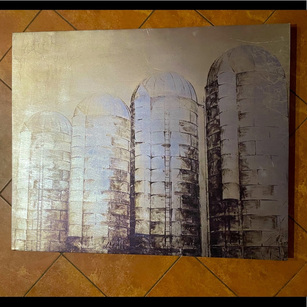 40’ x 32 1/2, metallic silo art on canvas. Two small scratches pictured.